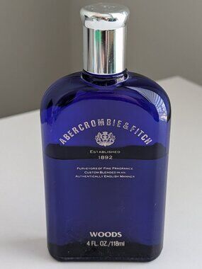 Vintage Abercrombie & Fitch Woods Aftershave 4 oz Blue Glass bottle USA 70% Full